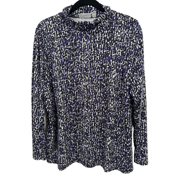 Susan Graver XL Top Blue Black Brushed Liquid Knit Mock Turtleneck Long Sleeve - Picture 1 of 9